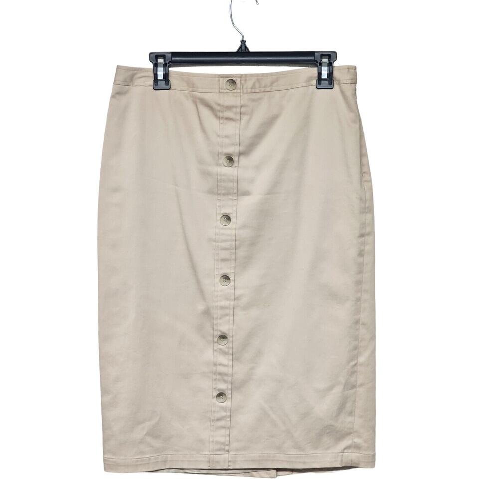 Josaphine Midi Faux Button Skirt Womens Sz 6 Beige Khaki Modest Uniform Neutral